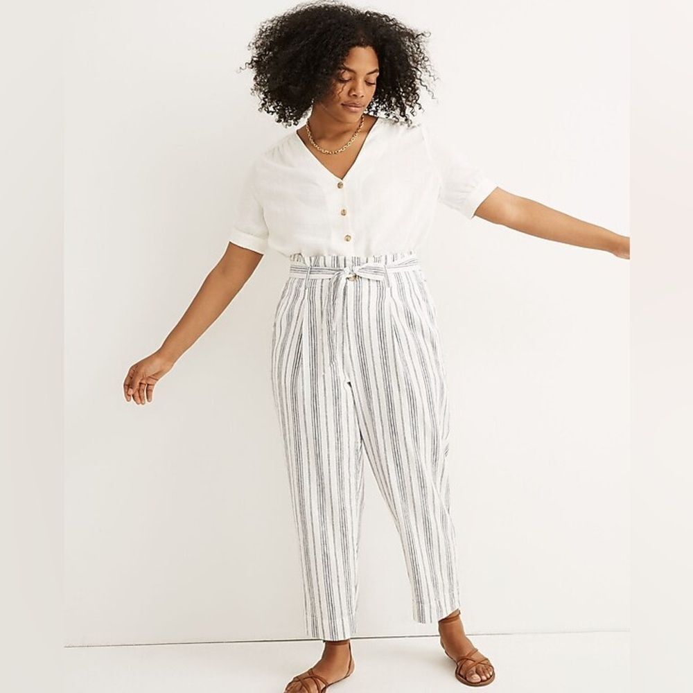 Madewell Linen-Cotton Paperbag Pants in Dark Baltic Stripe Sz 10 white Linen